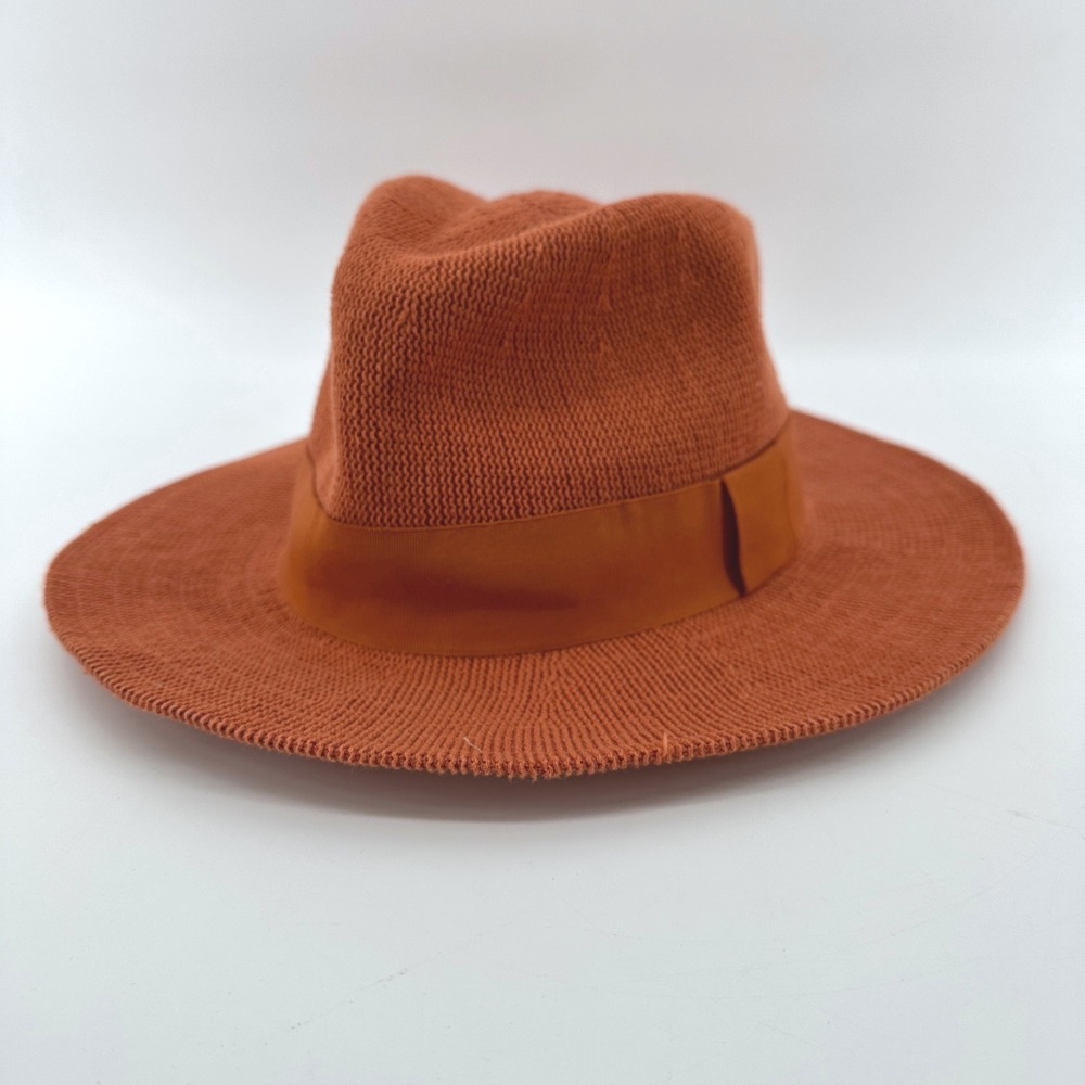 Anthropologie Knit Fedora Hat Burnt Orange Rust Cotton Blend Grosgrain Trim